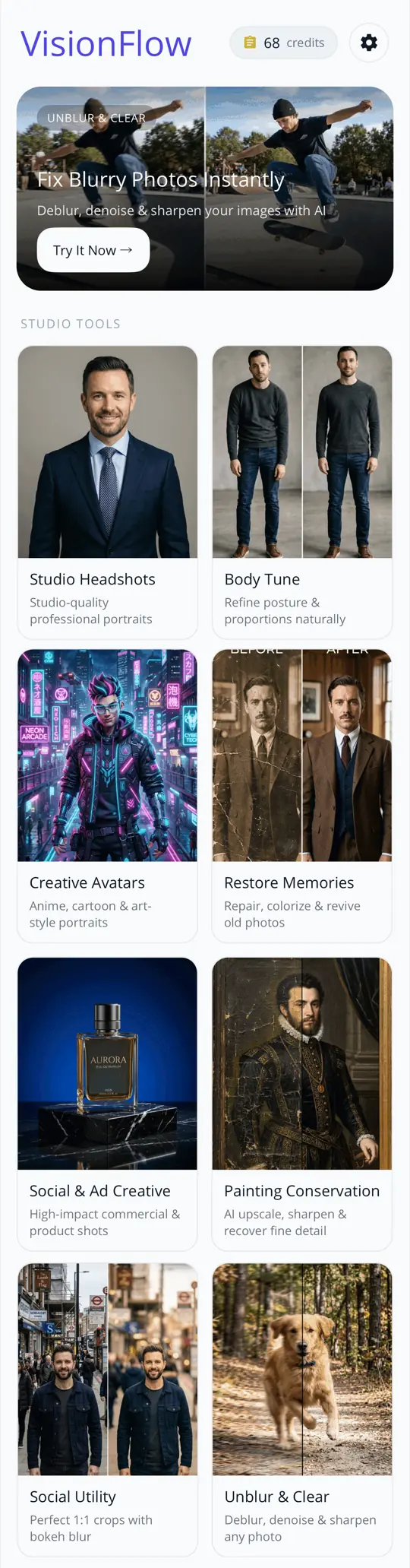 VisionFlow AI App Interface — 2K AI Headshots, Photo Restoration & Biometric-Safe Editing